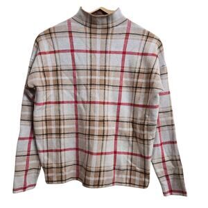 Tahari Women Prep Classic Old Money Tartan Plaid Check Mock Neck Knit Sweater L